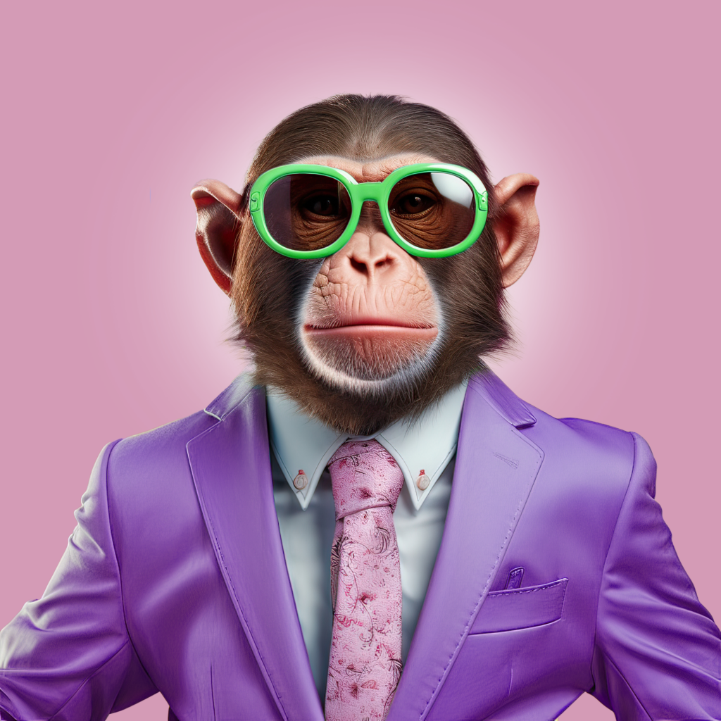 hattch - a chimp wearing a purple business suit and green sunglasses