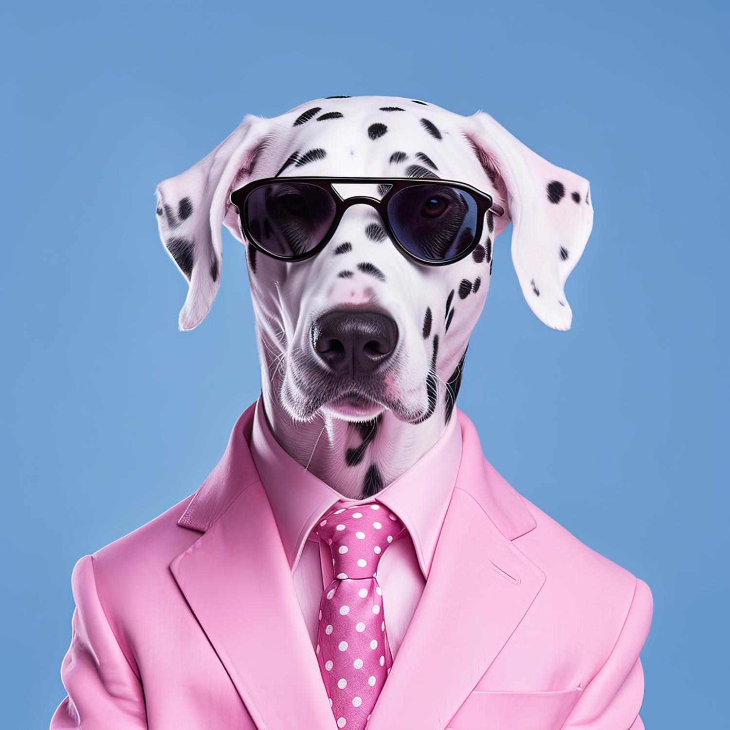 Choose the right franchise with hattch. A photo of a dalmation posing as an entrepreneur wearing a pink business suit and black sunglasses.