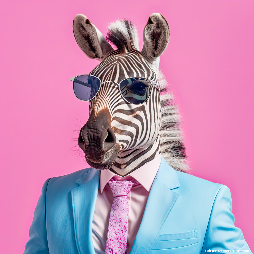 Choose the right franchise with hattch. A photo of a zebra posing as an entrepreneur wearing a blue business suit and blue sunglasses.