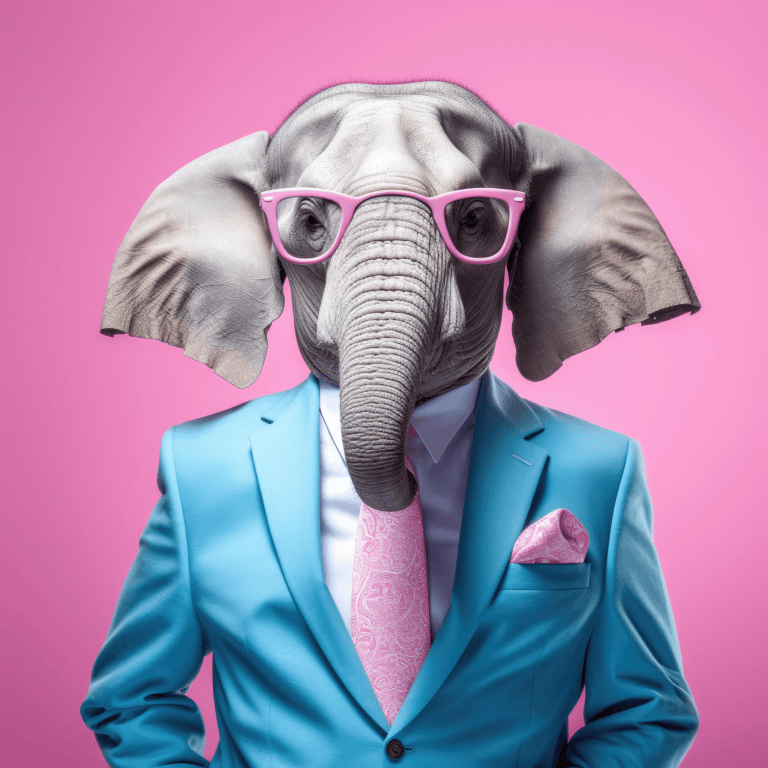 Choose the right franchise with hattch. A photo of an elephant posing as an entrepreneur wearing a blue business suit and pink glasses.