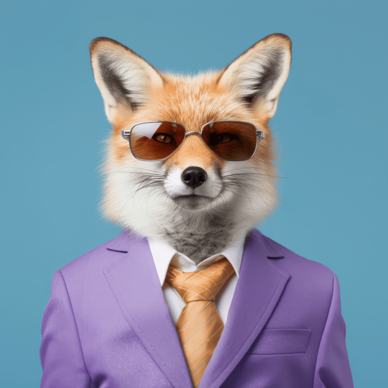 Choose the right franchise with hattch. A photo of a fox posing as an entrepreneur wearing a purple business suit and sunglasses.