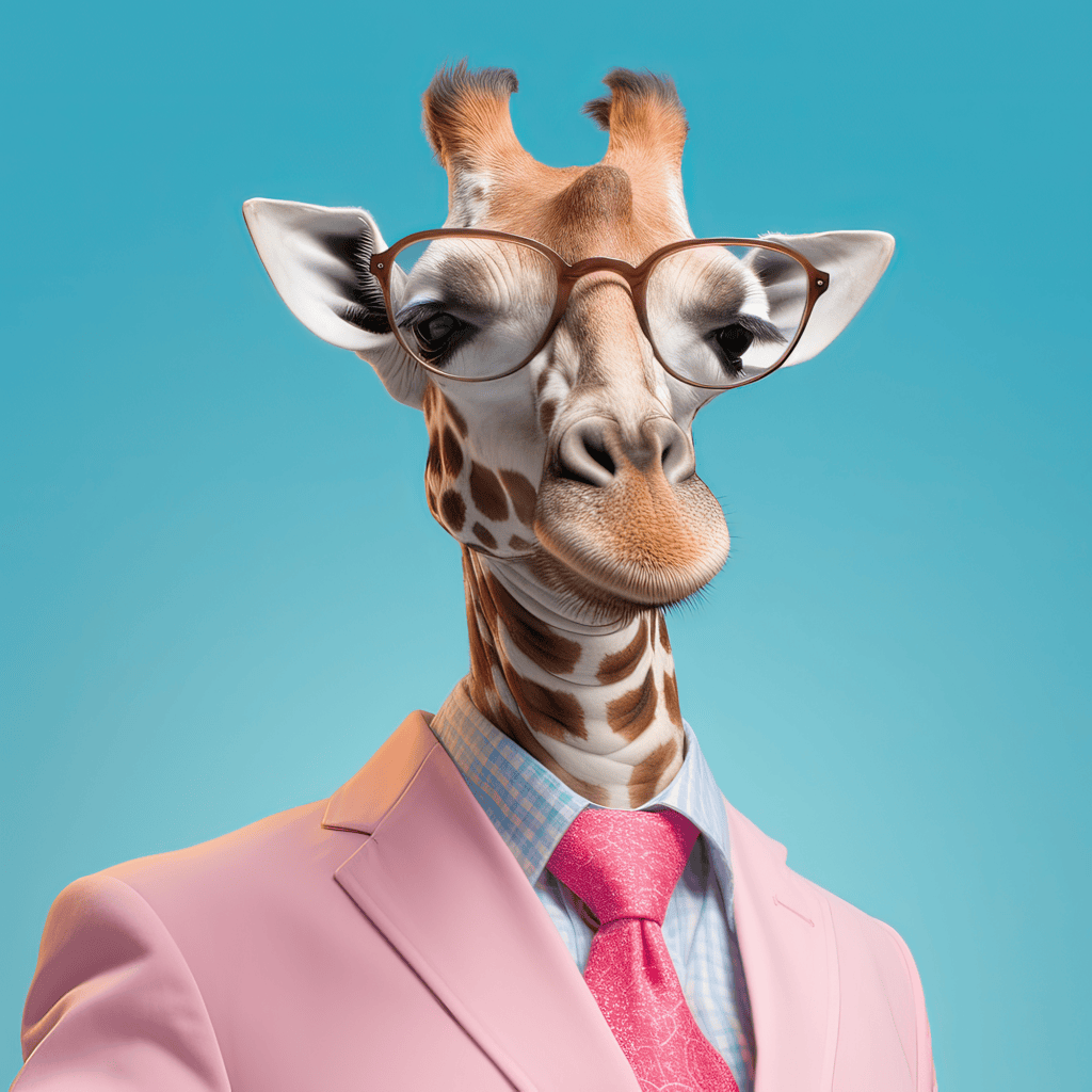 Choose the right franchise with hattch. A photo of a giraffe posing as an entrepreneur wearing a pink business suit and glasses.