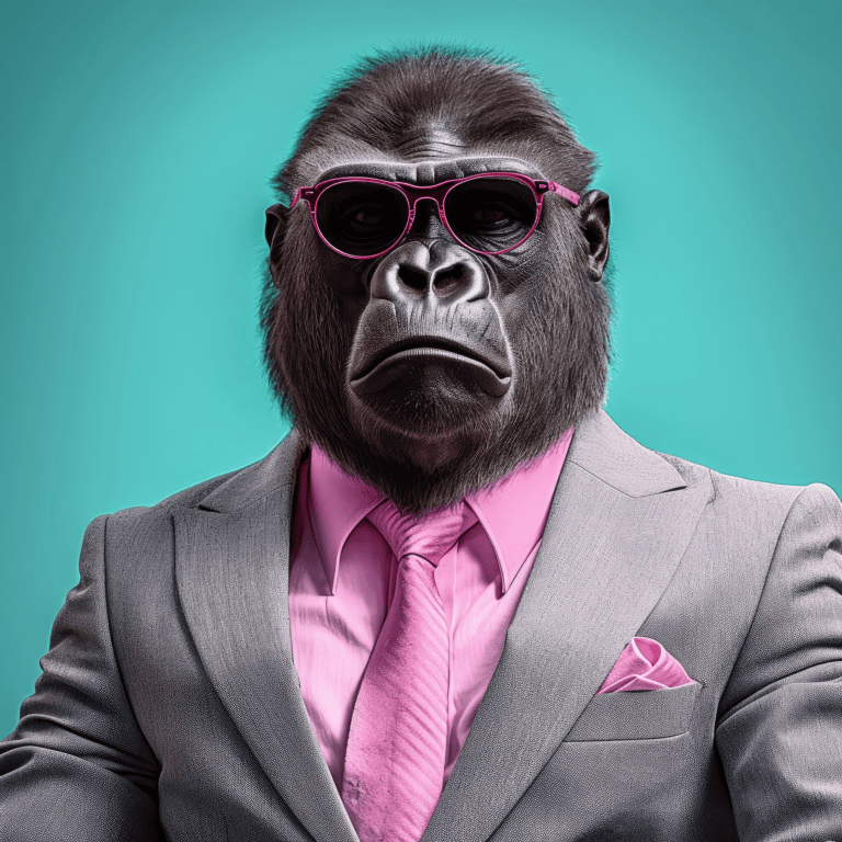 Choose the right franchise with hattch. A photo of a gorilla posing as an entrepreneur wearing a grey business suit.