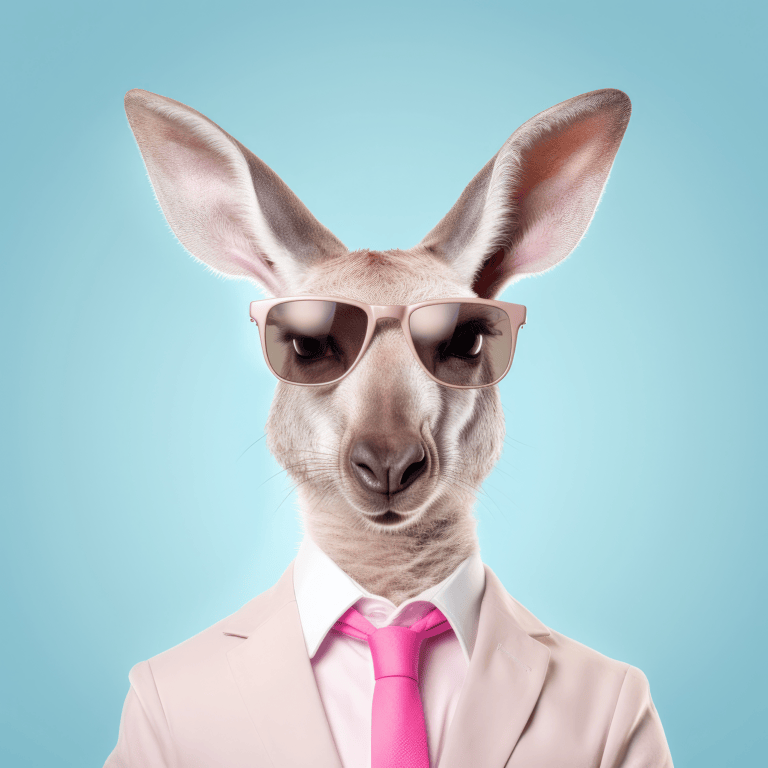 Choose the right franchise with hattch. A photo of a kangaroo posing as an entrepreneur wearing a pink business suit and pink sunglasses.