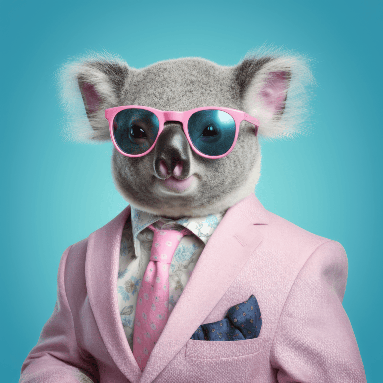 Choose the right franchise with hattch. A photo of a koala posing as an entrepreneur wearing a pink business suit and pink sunglasses.