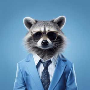 Choose the right franchise with hattch. A photo of a racoon posing as an entrepreneur wearing a blue business suit and glasses.