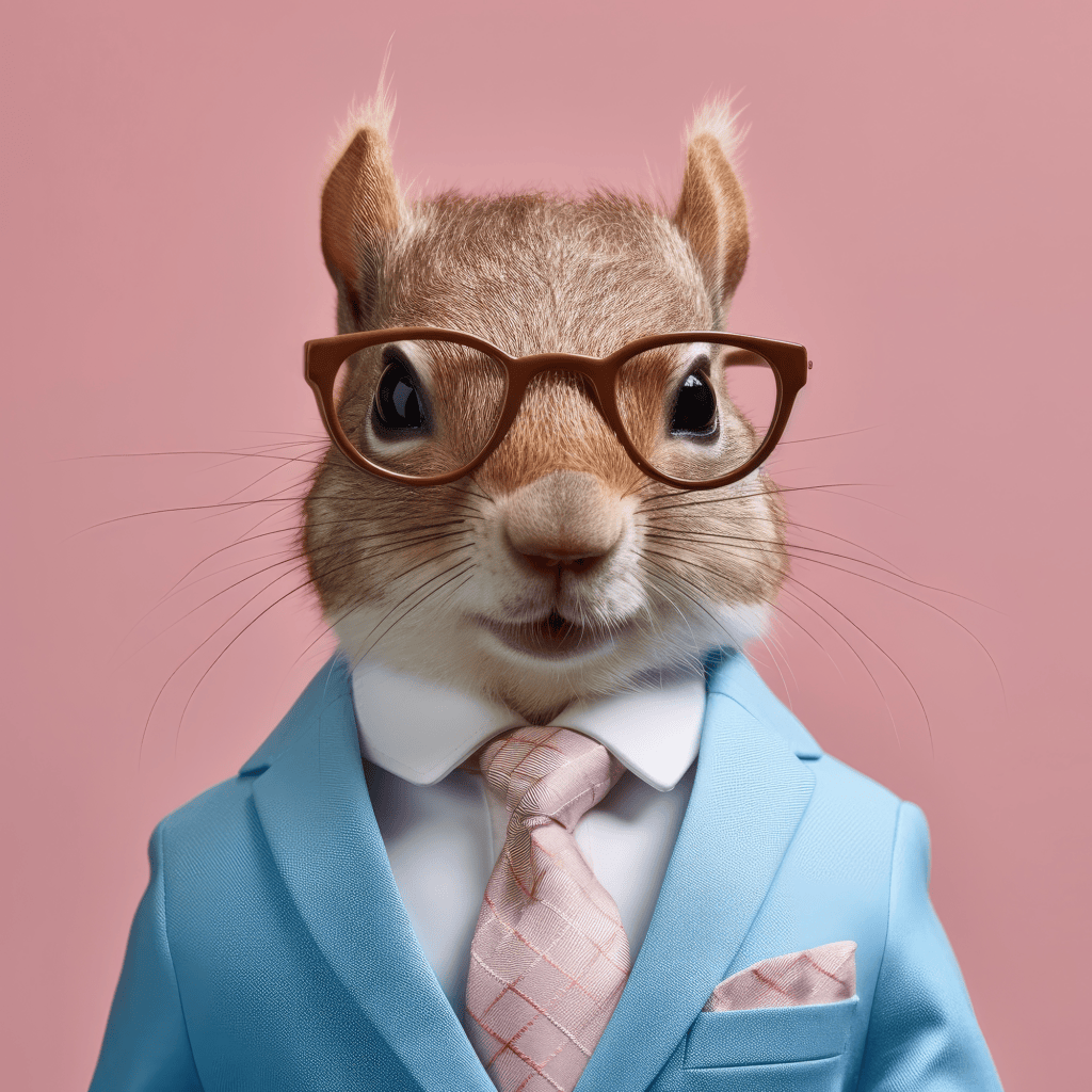 Choose the right franchise with hattch. A photo of a squirrel posing as an entrepreneur wearing a blue business suit and glasses.