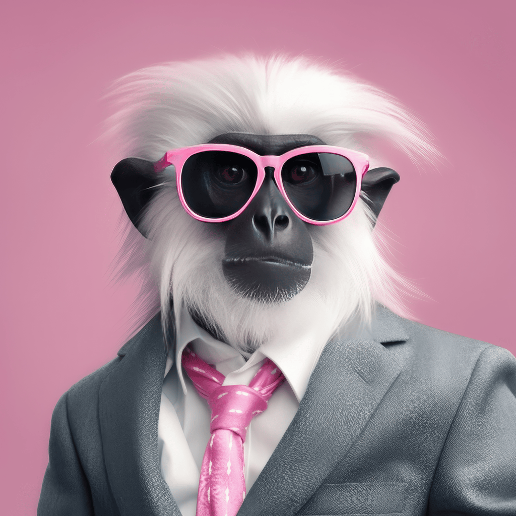 A white-haired monkey wearing pink sunglasses, a gray suit, and a pink tie stands confidently against a pink background—a cheeky nod to the world of business for sale.