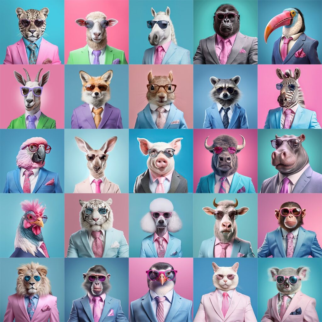 Business for sale - a montage of images of animals wearing business suits