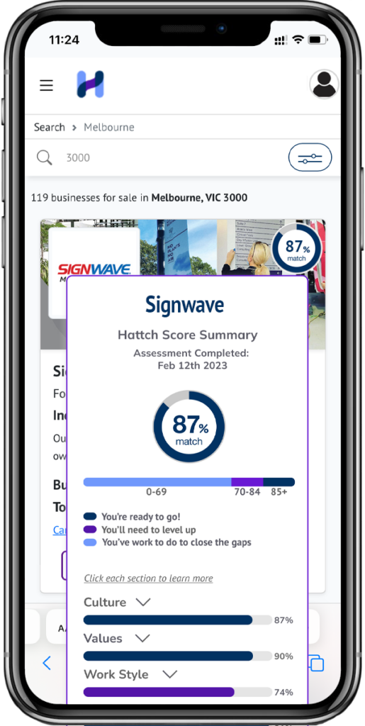 Business for sale - Image of iPhone with Hattch Assessment score for Signwave